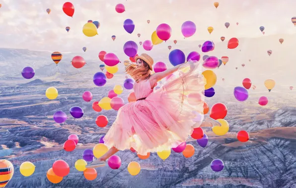 Скачать обои девушка, радость, воздушные шары, прыжок, раздел настроения в разр�ешении 1366x768