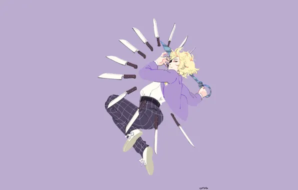 Парень, ножи, фиолетовый фон, Mob Psycho 100