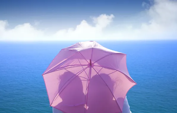 Картинка море, небо, девушка, любовь, зонтик, фон, розовый, widescreen