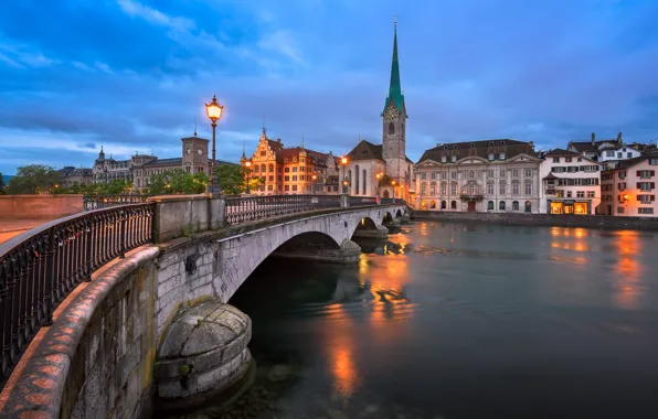 Картинка мост, река, дома, Швейцария, фонарь, шпиль, Цюрих