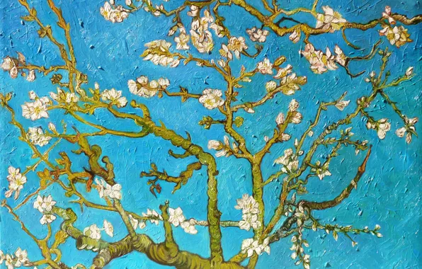 Картинка ветви, картина, живопись, blue, art, Vincent van Gogh, миндальное дерево, Almond Tree