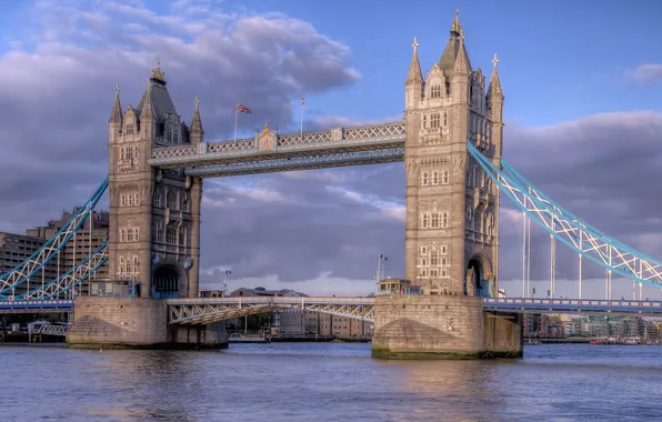 Картинка небо, облака, мост, река, Англия, Лондон, tower bridge