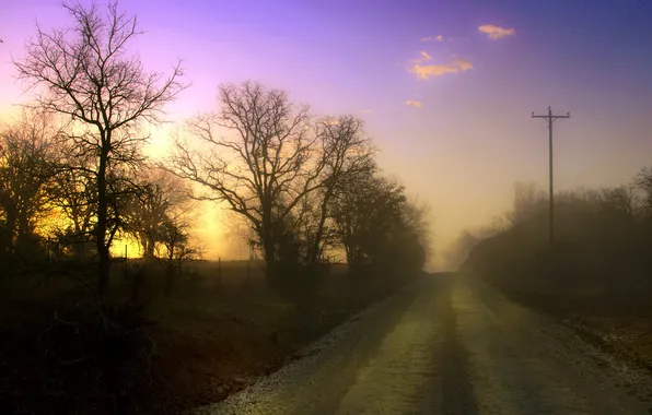 Картинка дорога, пейзаж, закат, туман