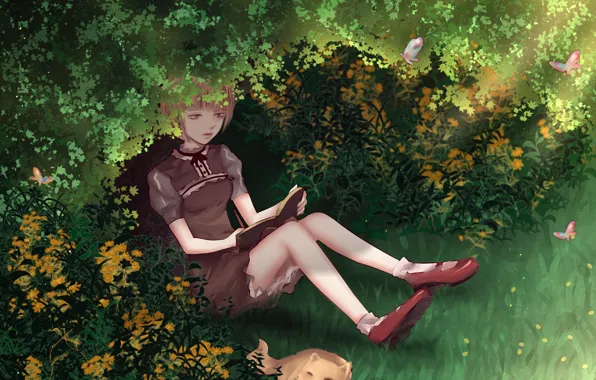 Трава, кот, девушка, бабочки, блокнот, кусты, by CZY