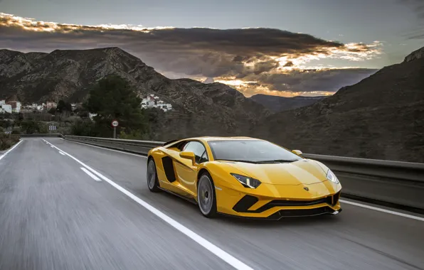 Дорога, закат, скорость, вечер, Lamborghini, суперкар, Aventador, 2017