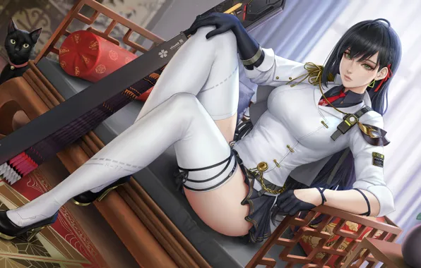 Картинка weapon, anime, stockings, gloves, anime girls, moles, looking at viewer, Mirco Cabbia