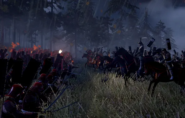 Война, битва, всадники, ночью, самураи, Total war