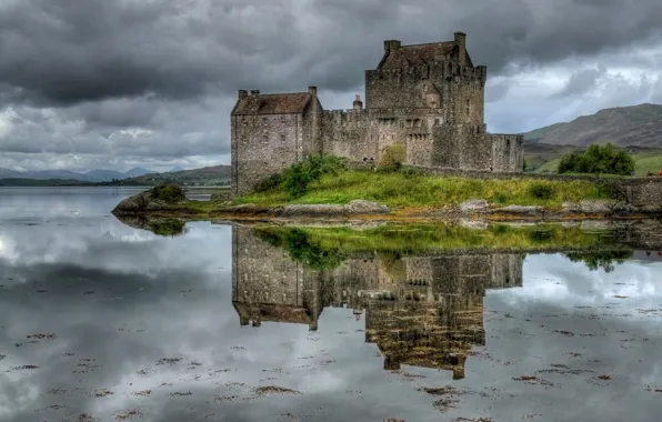 Картинка небо, облака, озеро, замок, башня, крепость, шотландия