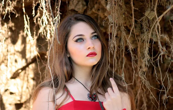 Картинка девушка, украшения, ветки, портрет, макияж, прическа, в красном, симпатичная