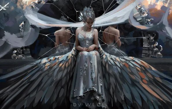 Картинка girl, blood, fantasy, dress, wings, mood, sadness, elf, reflection, digital art, artwork, princess, fantasy art, …