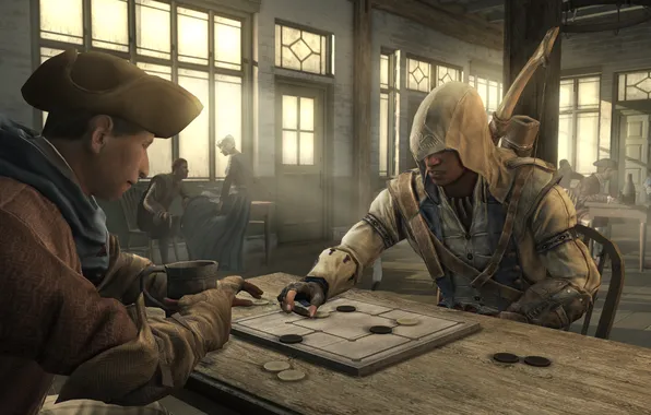 Картинка люди, здание, играет, ассасин, коннор, Assassin’s Creed III, AC III Connor Homestead Game