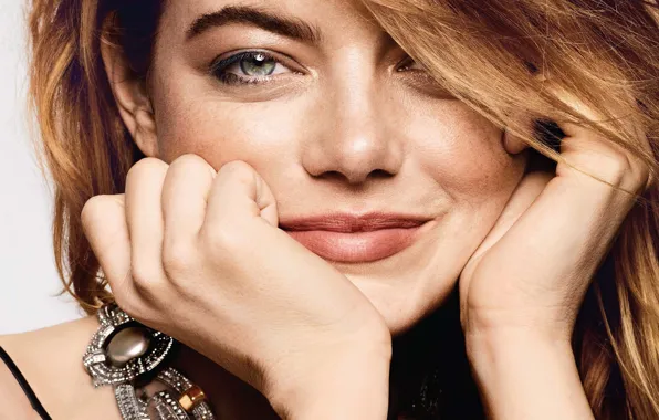 Взгляд, девушка, лицо, улыбка, украшение, Emma Stone, elle