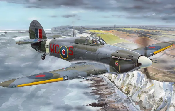 Рисунок, арт, британский одноместный истребитель, intruder, Hawker Hurricane Mk.IIc