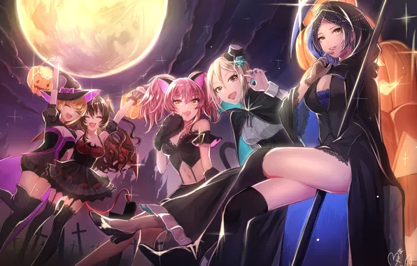Ночь, девушки, луна, аниме, арт, halloween, хеллоуин, idolmaster