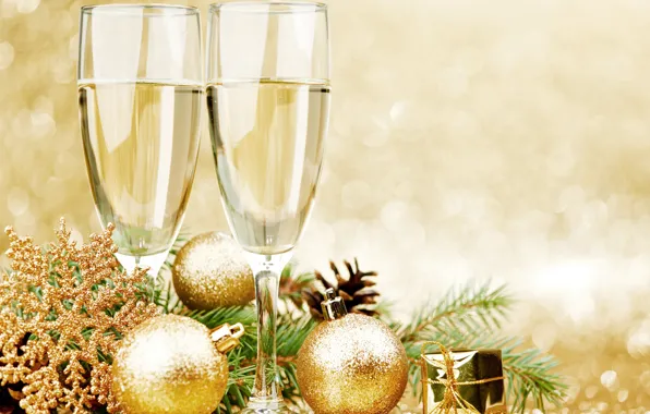 Картинка Рождество, Новый год, шампанское, елочные игрушки, декор