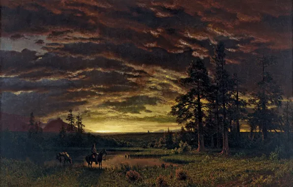 Картинка пейзаж, природа, арт, Albert Bierstadt, Альберт Бирштадт, Evening on the Prairie