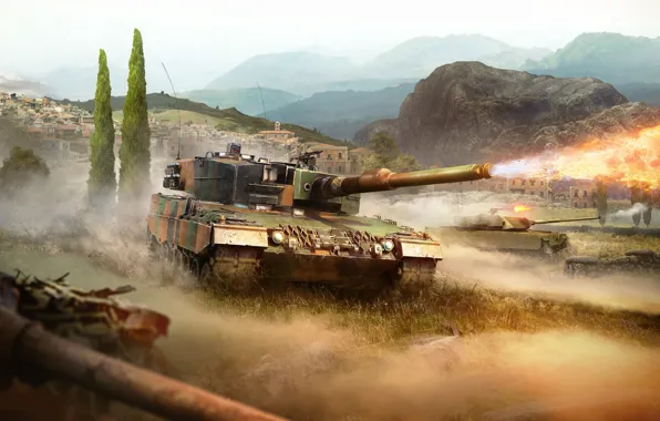 Горы, огонь, выстрел, танк, War Thunder