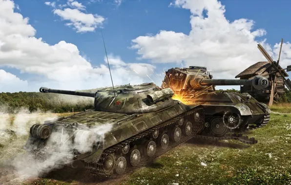 Картинка мельница, танк, танки, WoT, World of Tanks, ИС-3, Wargaming.net, PzKpfw VIB Tiger II