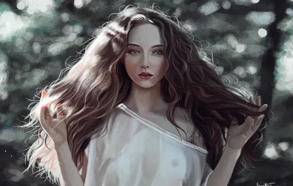 Картинка лицо, руки, белое платье, art, боке, шевелюра, пышные волосы, портрет девушки