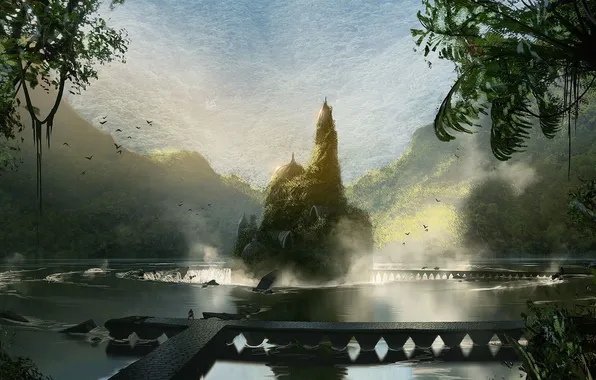 Картинка зелень, пейзаж, город, озеро, холмы, водопады, concept art, dragon age inquisition