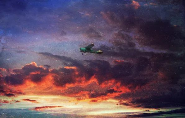 Картинка небо, облака, полет, закат, самолет