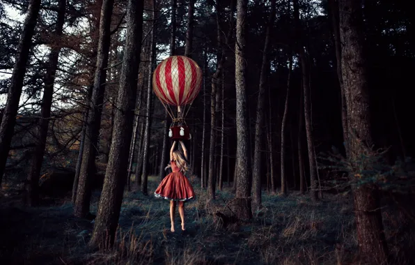 Картинка лес, деревья, воздушный шар, ситуация, девочка, полёт