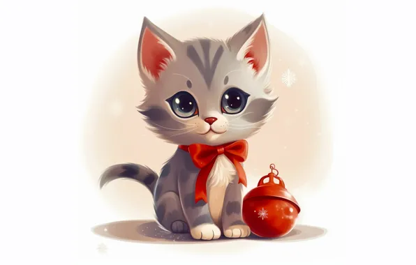 Кошка, взгляд, красный, котенок, серый, рисунок, шарик, Рождество