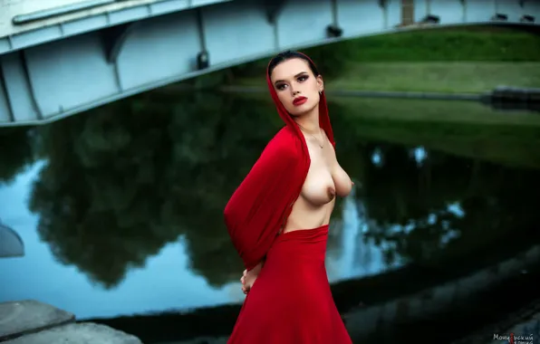 Грудь, мост, секси, поза, река, модель, макияж, фигура