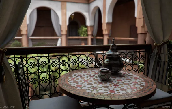 Картинка стол, стулья, посуда, шторы, Moroccan Courtyard
