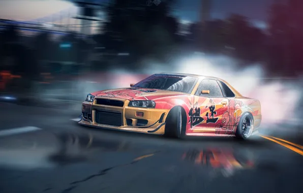 Картинка дрифт, Nissan, GT-R, drift, tuning, Skyline, R34, Need For Speed