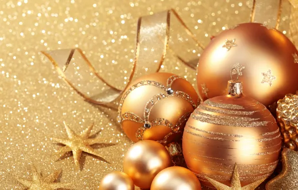 Картинка шарики, золото, праздник, игрушки, блеск, новый год, блестки, декорации