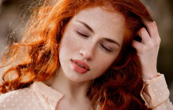 Model, pretty, redhead, closed eyes