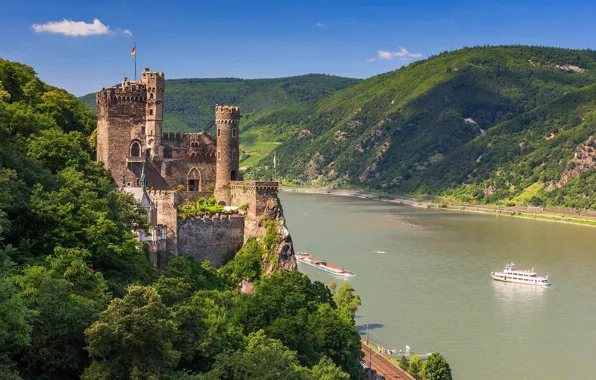 Река, замок, Германия, холм, крепость, Рейн, Rheinstein Castle, Рейнштейн