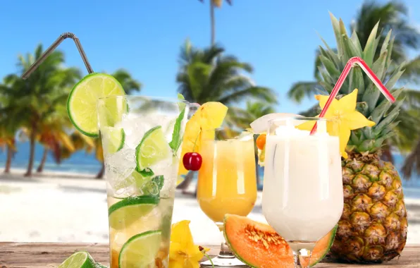 Beach, fresh, коктейли, fruit, drink, palms, tropical, cocktails