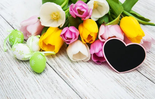 Цветы, яйца, colorful, Пасха, тюльпаны, happy, heart, wood