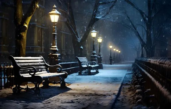 Картинка зима, снег, деревья, скамейка, ночь, lights, парк, улица