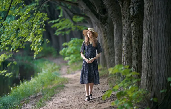 Девушка, деревья, шляпа, платье, тропинка, боке, Alexander Vinogradov