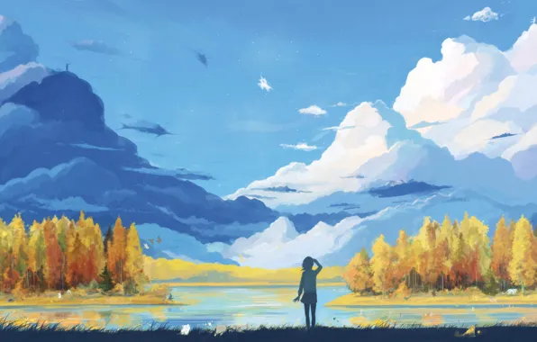 Картинка мечта, вода, облака, деревья, пейзаж, озеро, рисунок, девочка
