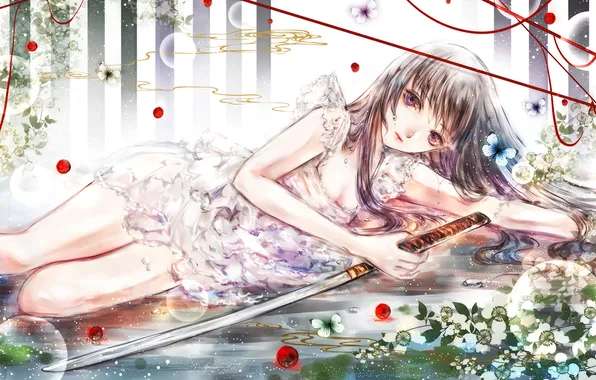 Картинка девушка, капли, бабочки, пузыри, меч, лежит, art, Yuki*mami