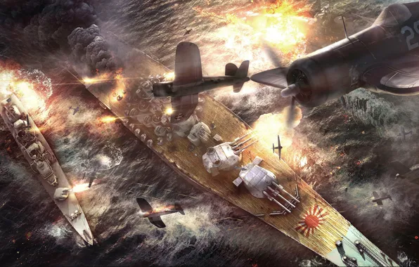 Картинка корабли, бой, сражение, самолёты, Battle of Okinawa