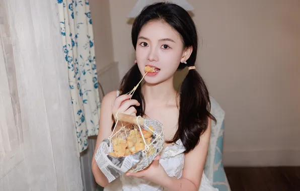 Beautiful, Asian, Model, Woman, Pretty, Food, Curtain, Indoor