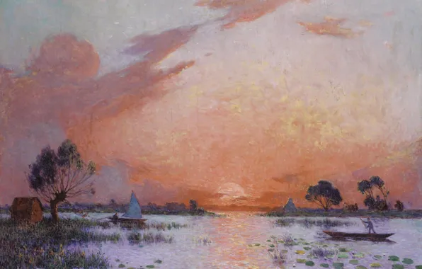 Пейзаж, лодка, картина, Ferdinand du Puigaudeau, Фердинанд дю Пюигадо, Закат в Бриере