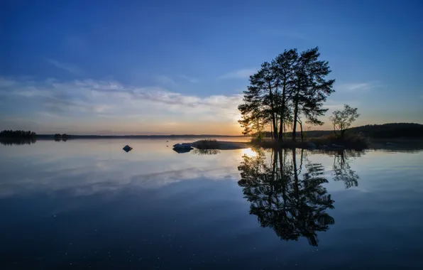 Закат, природа, озеро, дерево, вечер, Финляндия
