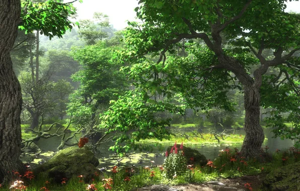 Лес, растительность, водоём, HiddenPond