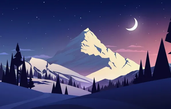 Night, mountain, snow, picture, month