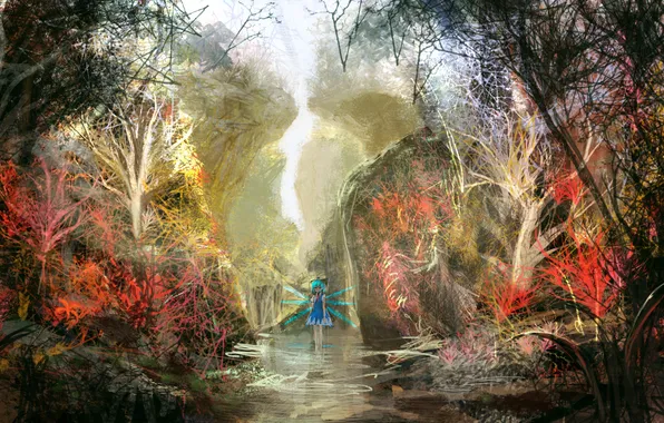 Картинка лес, девушка, деревья, природа, крылья, арт, Touhou, lm7