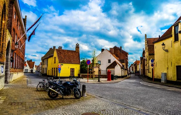 Картинка дорога, дома, Бельгия, переулки, мотоцыкл, велосипеды, улочки, Bruges