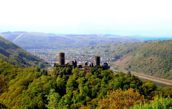 Река, замок, Германия, долина, панорама, городок, Germany, Castle