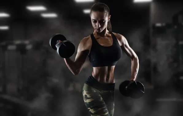 Картинка pose, shadows, female, fitness, dumbbells