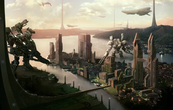 Пейзаж, город, будущее, фантастика, роботы, sci-fi, космические корабли